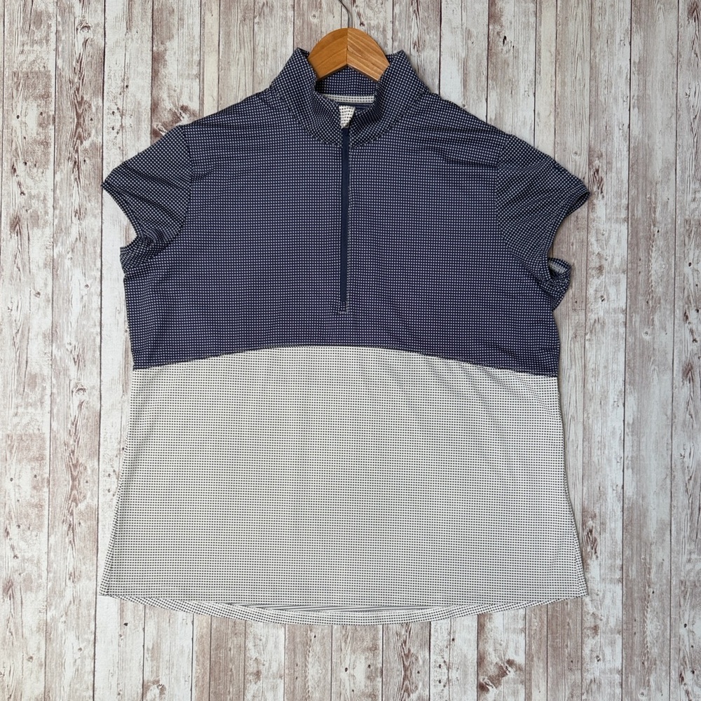 Zero Restriction Womens Cap Sleeve Shirt sz XL Navy White 1/4 Zip Mock Neck Ally